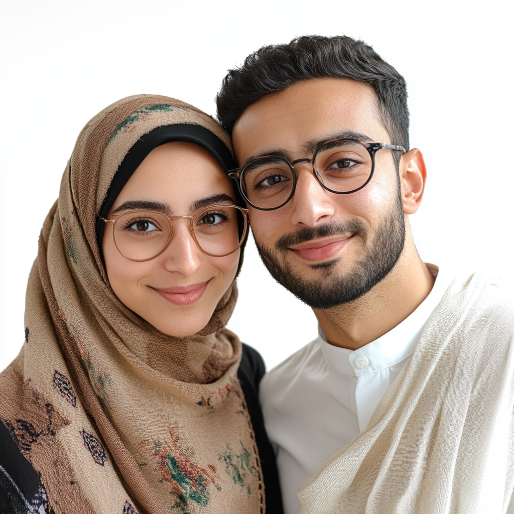 Muslim couple smiling and engaged in premarital counseling session
